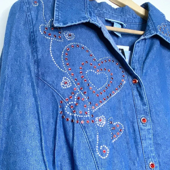 NWT Liz & Me Embellished Chambray Button Down Denim 0X 14/16 Red Hearts Cowgirl - Picture 4 of 14